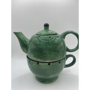 Design Pac Hand Painted Stackable Tea for One Teapot and Cup Green w/ Black Trim
